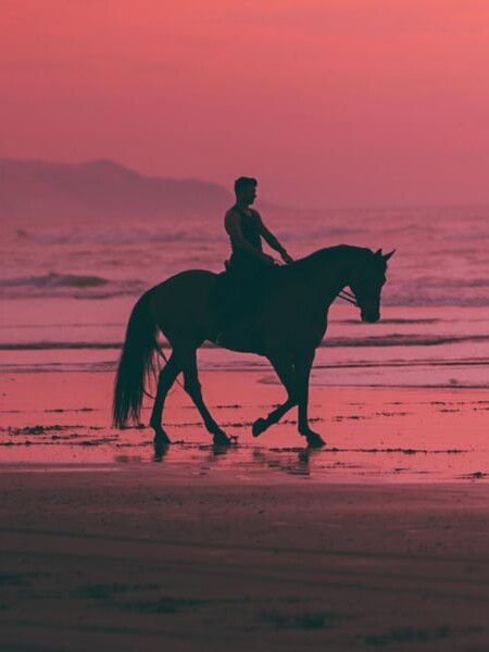 Man horseback riding on beach with sunset